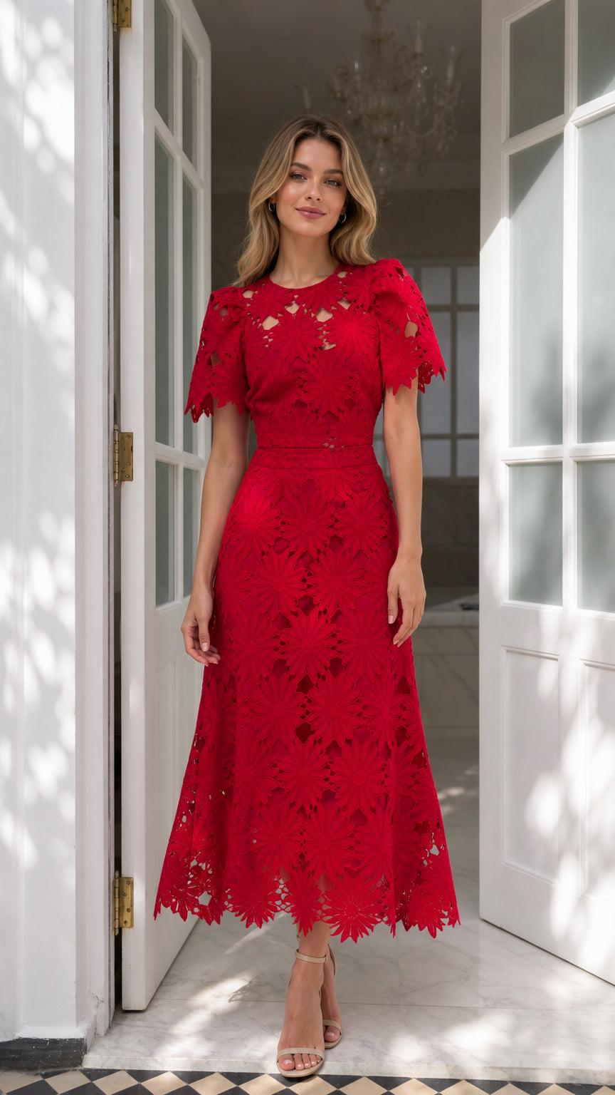 Front full view of woman wearing vibrant red floral embroidered lace A-line midi dress