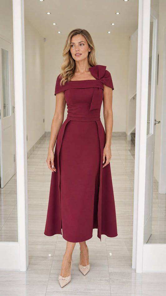 Front view of burgundy bow accent midi dress