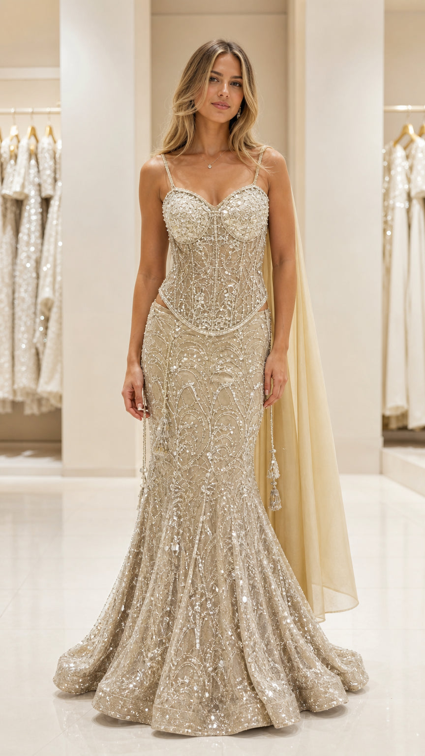 Full front view of the champagne sequin mermaid evening gown with cape