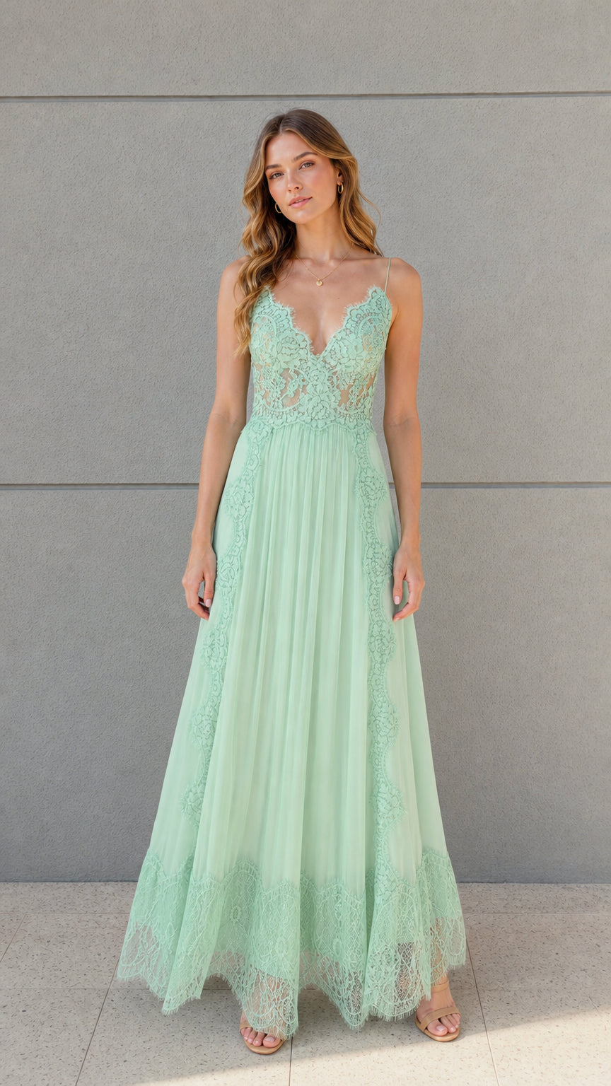 Front full view of woman wearing mint green floral lace pleated maxi dress