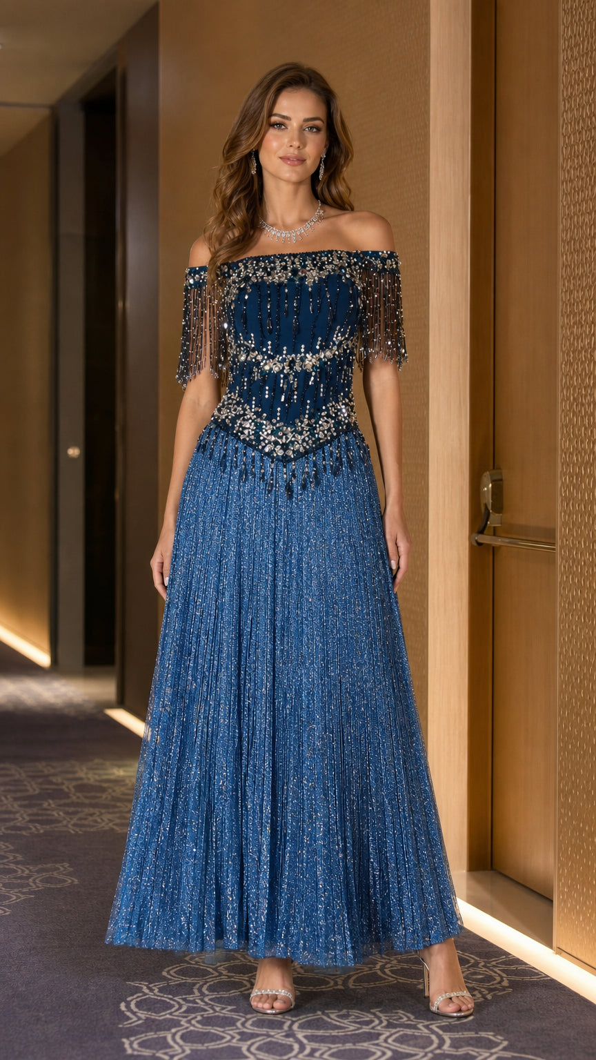 Front view of blue off-the-shoulder beaded evening gown