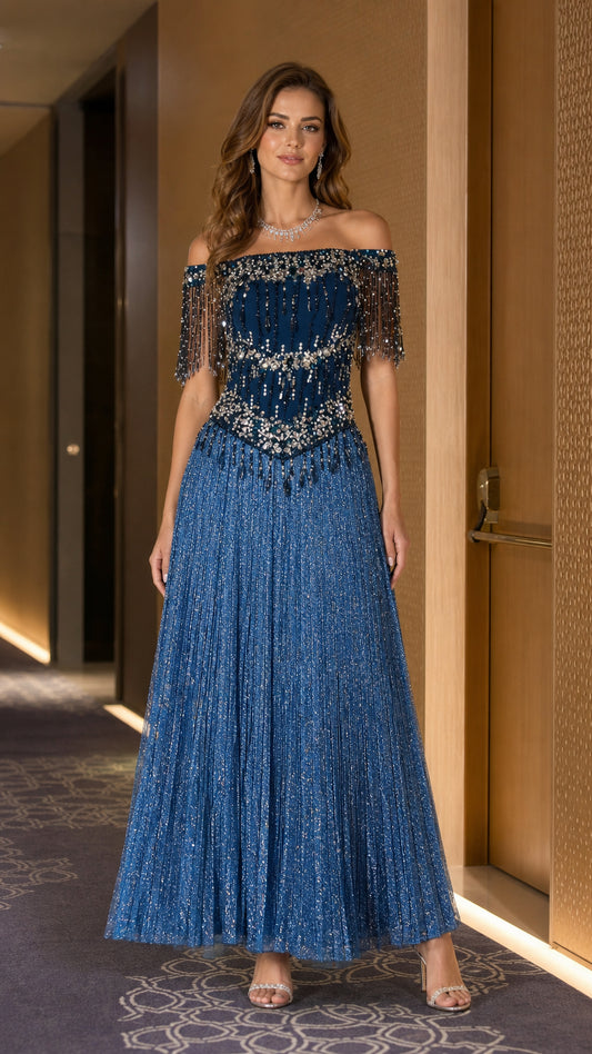 Front view of blue off-the-shoulder beaded evening gown