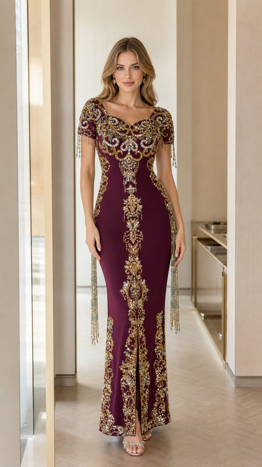 Full front view of burgundy embellished evening gown with ornate gold beading and fringe sleeves