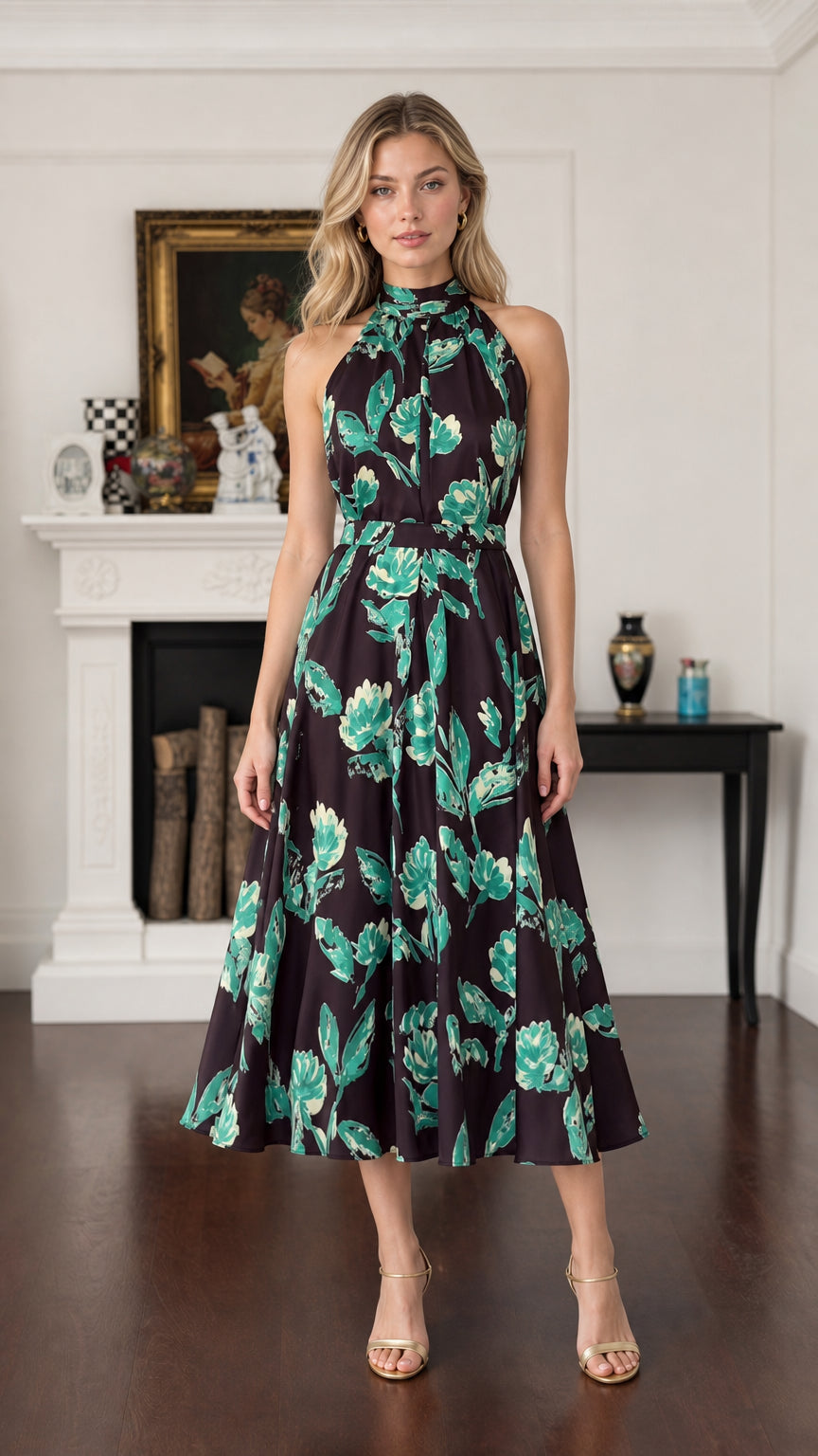 Front view of model wearing Black Floral high neck halter midi dress