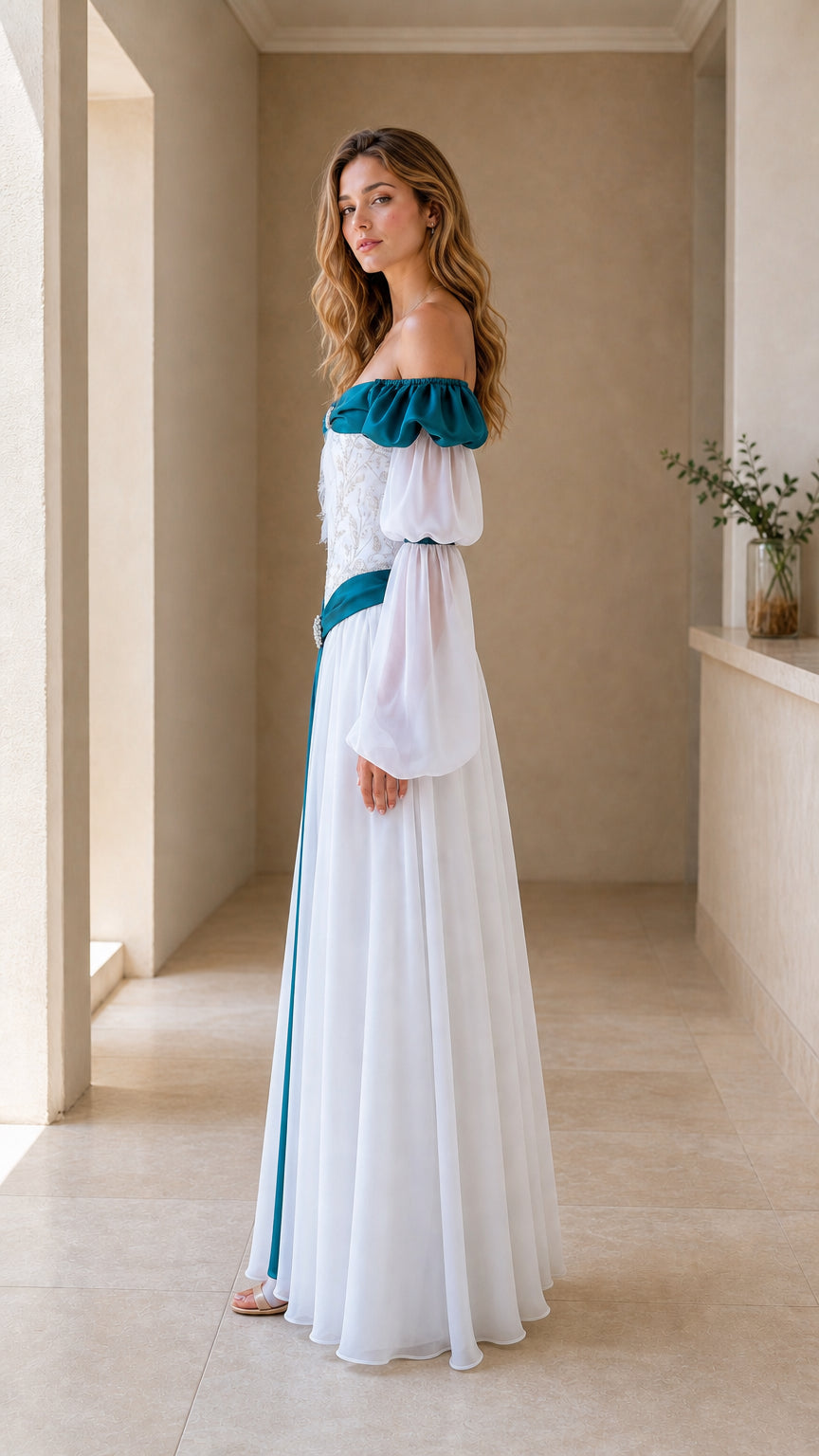 Side view of model wearing white and teal fantasy gown showing draping chiffon skirt