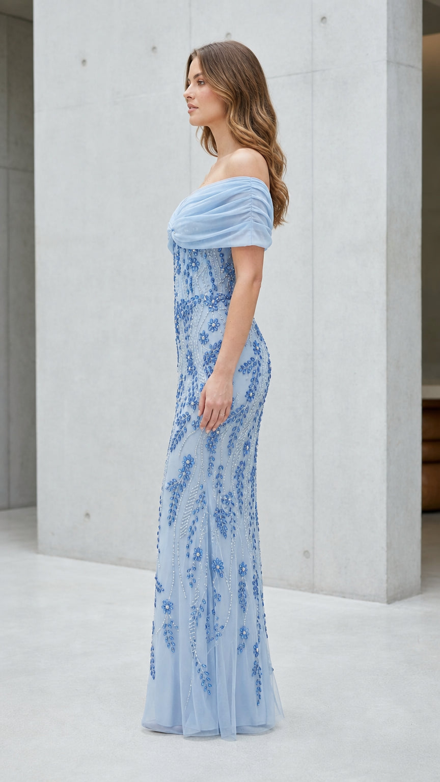 Side view of Light Blue Beaded Evening Gown