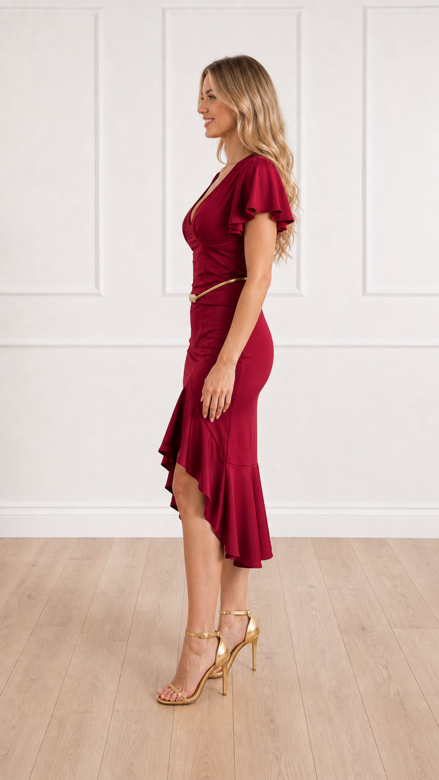 Side profile view of burgundy midi dress showing high-low hem