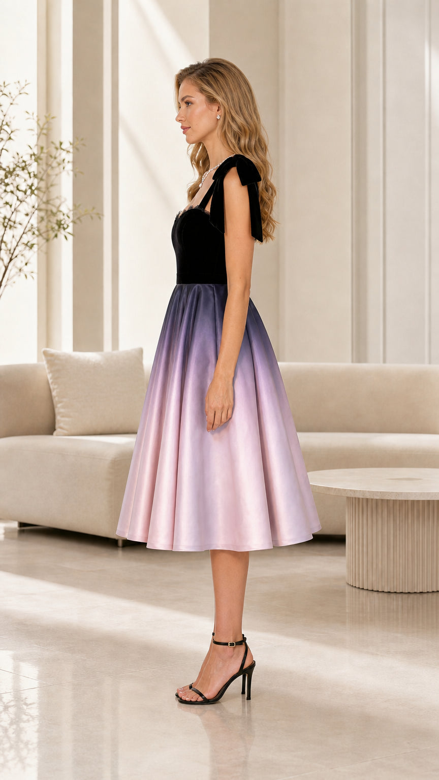 Side view of a black and lavender fit-and-flare midi dress