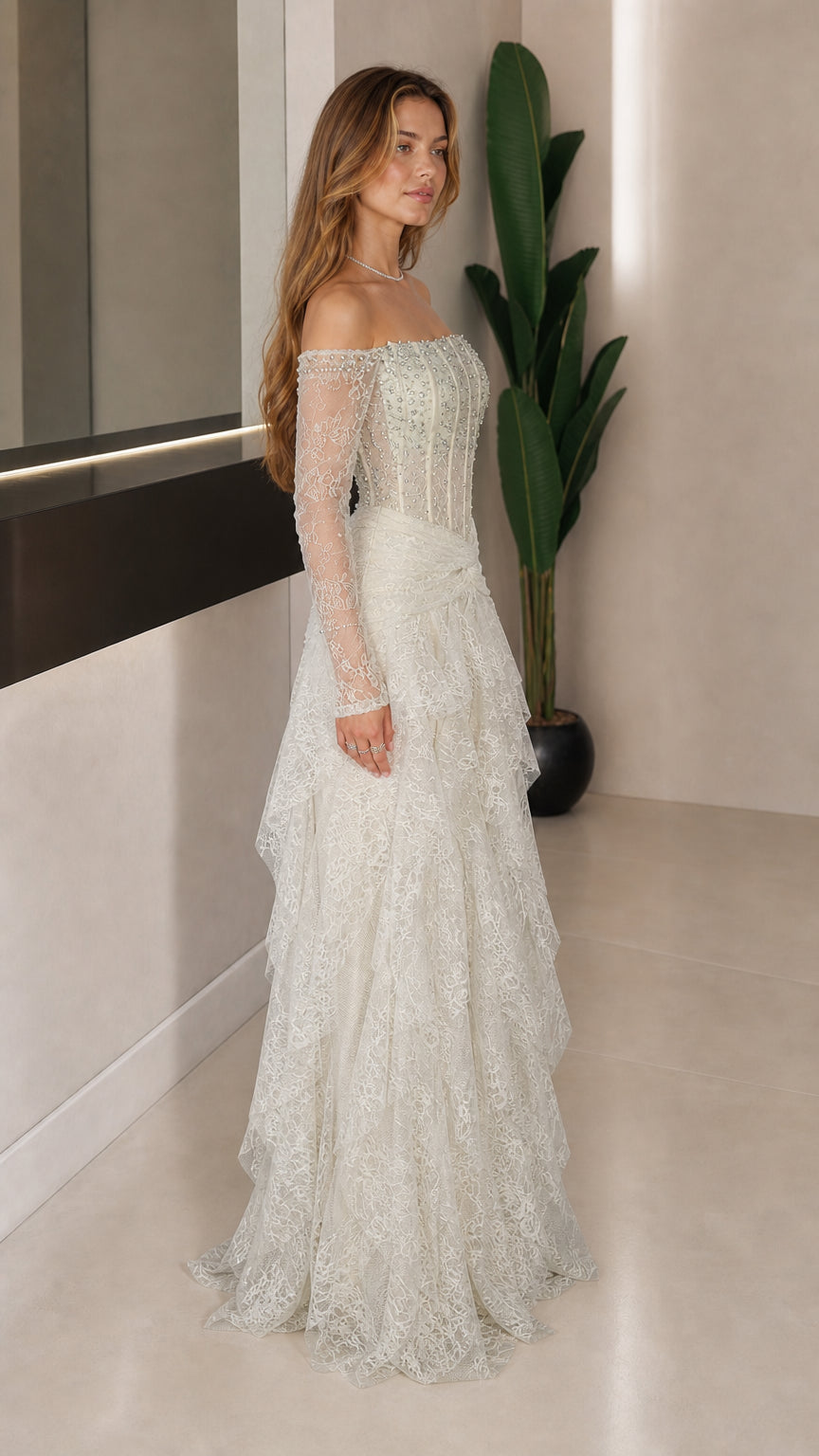Side profile of white lace formal dress