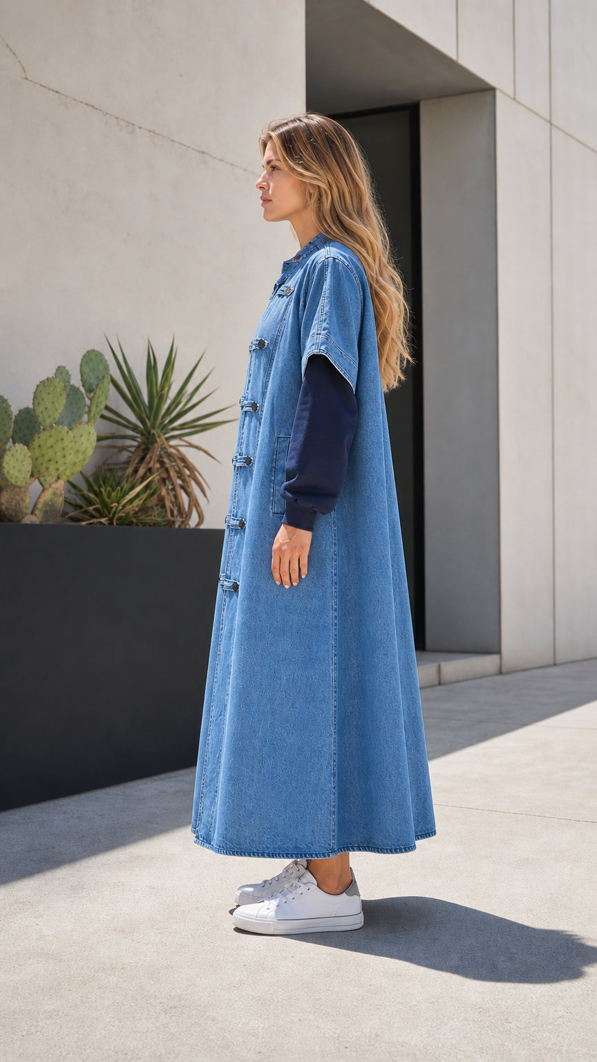 Side profile view of relaxed fit medium blue denim duster vest