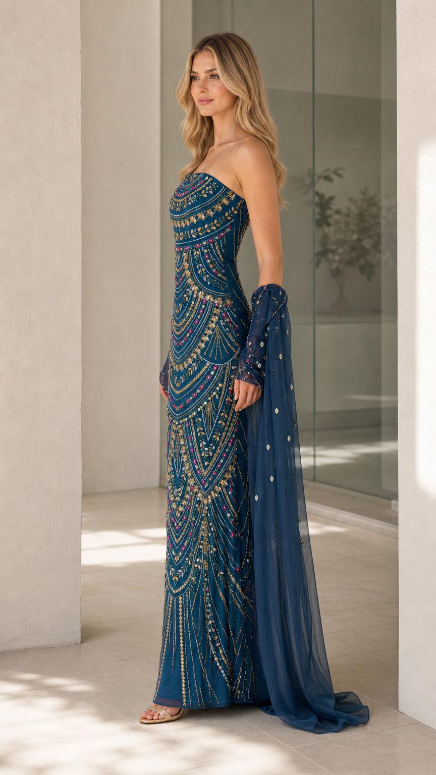 Side profile view of teal blue beaded evening gown