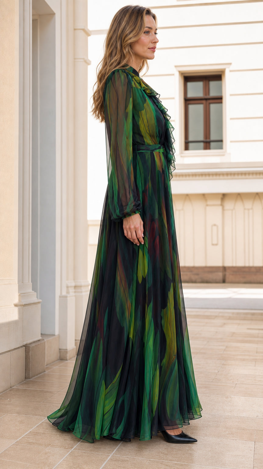 Side profile of woman in green chiffon maxi dress