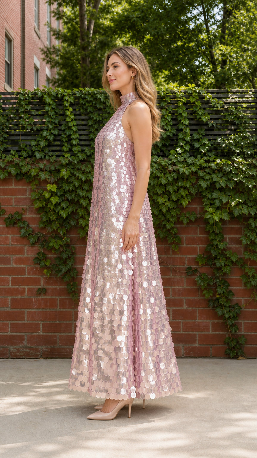 Side profile of model wearing blush pink sleeveless sequin halter maxi gown