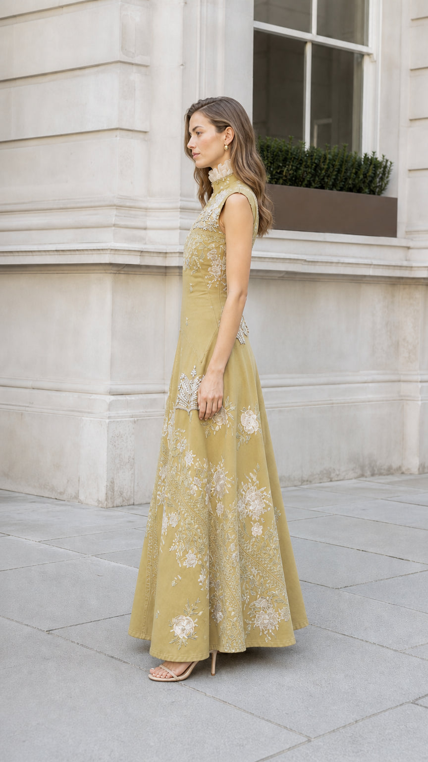 Side profile of olive embroidered maxi dress