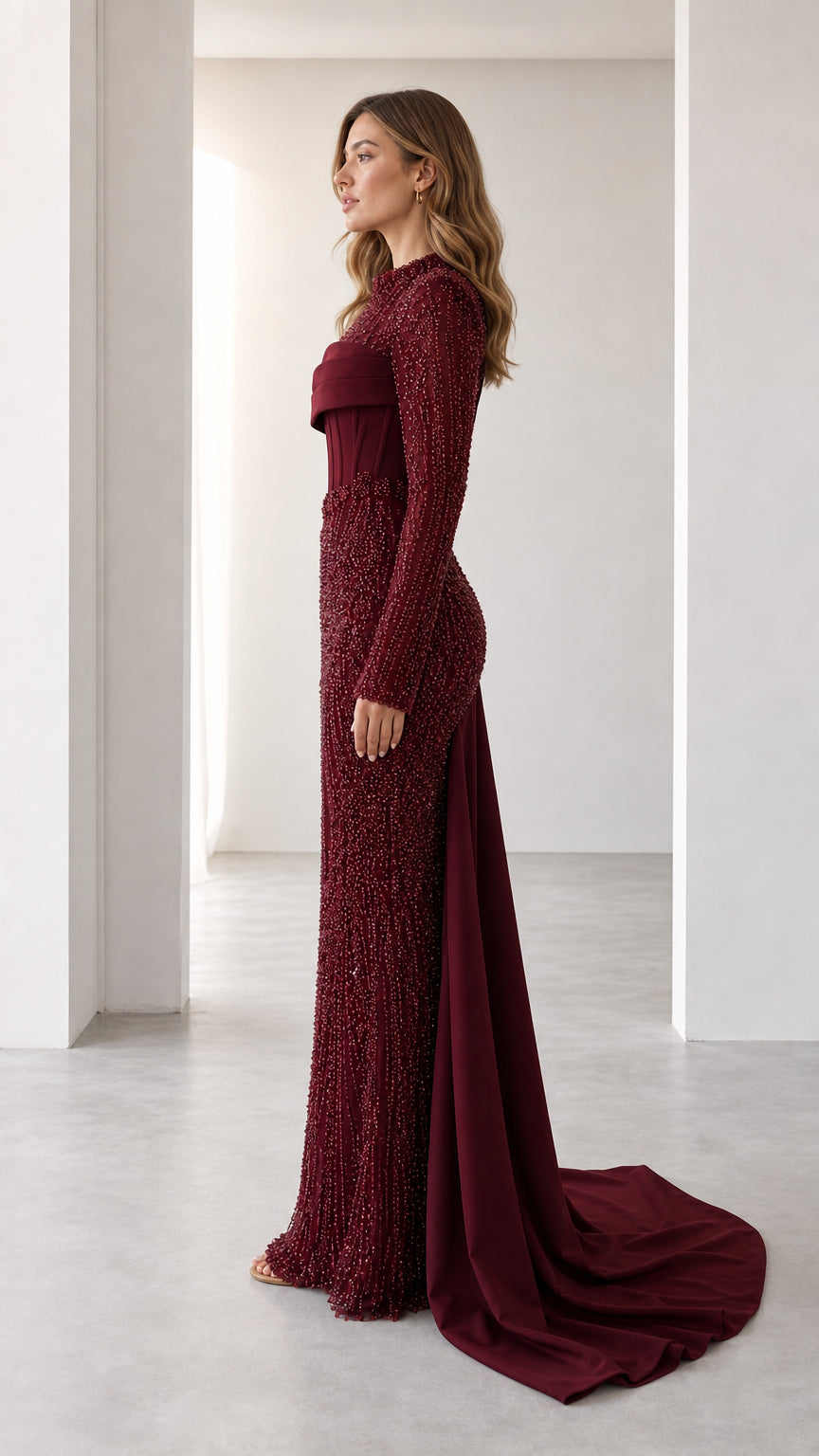 Side profile view of the burgundy gown showing the flowing train