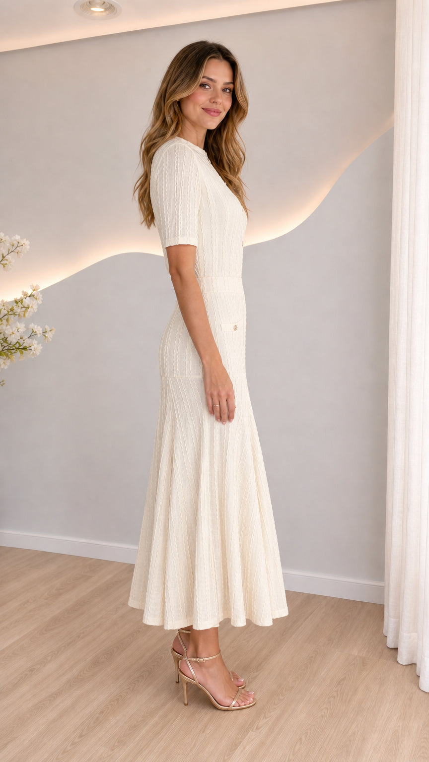 Side profile view of model wearing cream knit two-piece skirt set with high heels