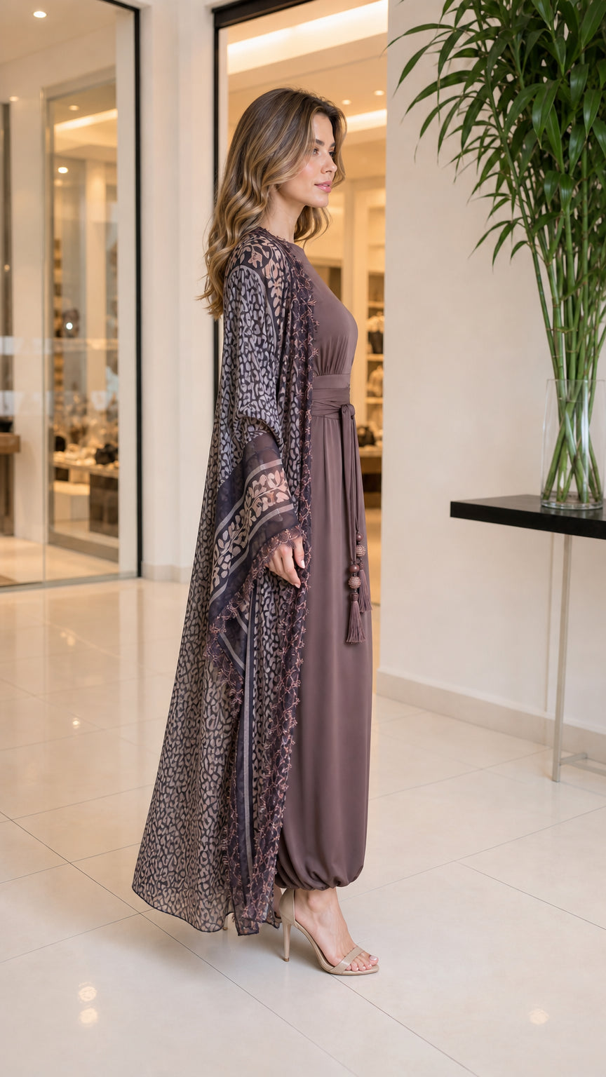 Side profile view of mocha brown jumpsuit and duster set with tassel tie belt