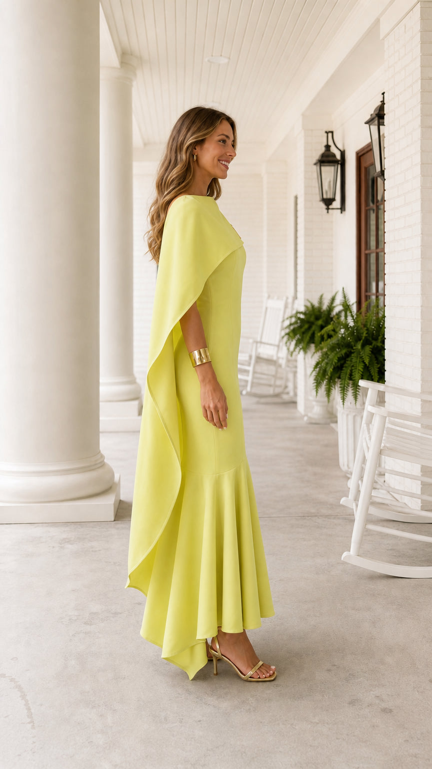 Side view of woman in flowing lime yellow cape dress and heels