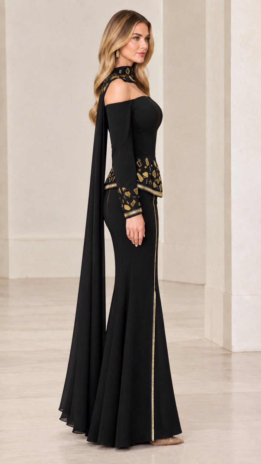 Side profile of black cape sleeve formal gown showing flowing sleeve drape