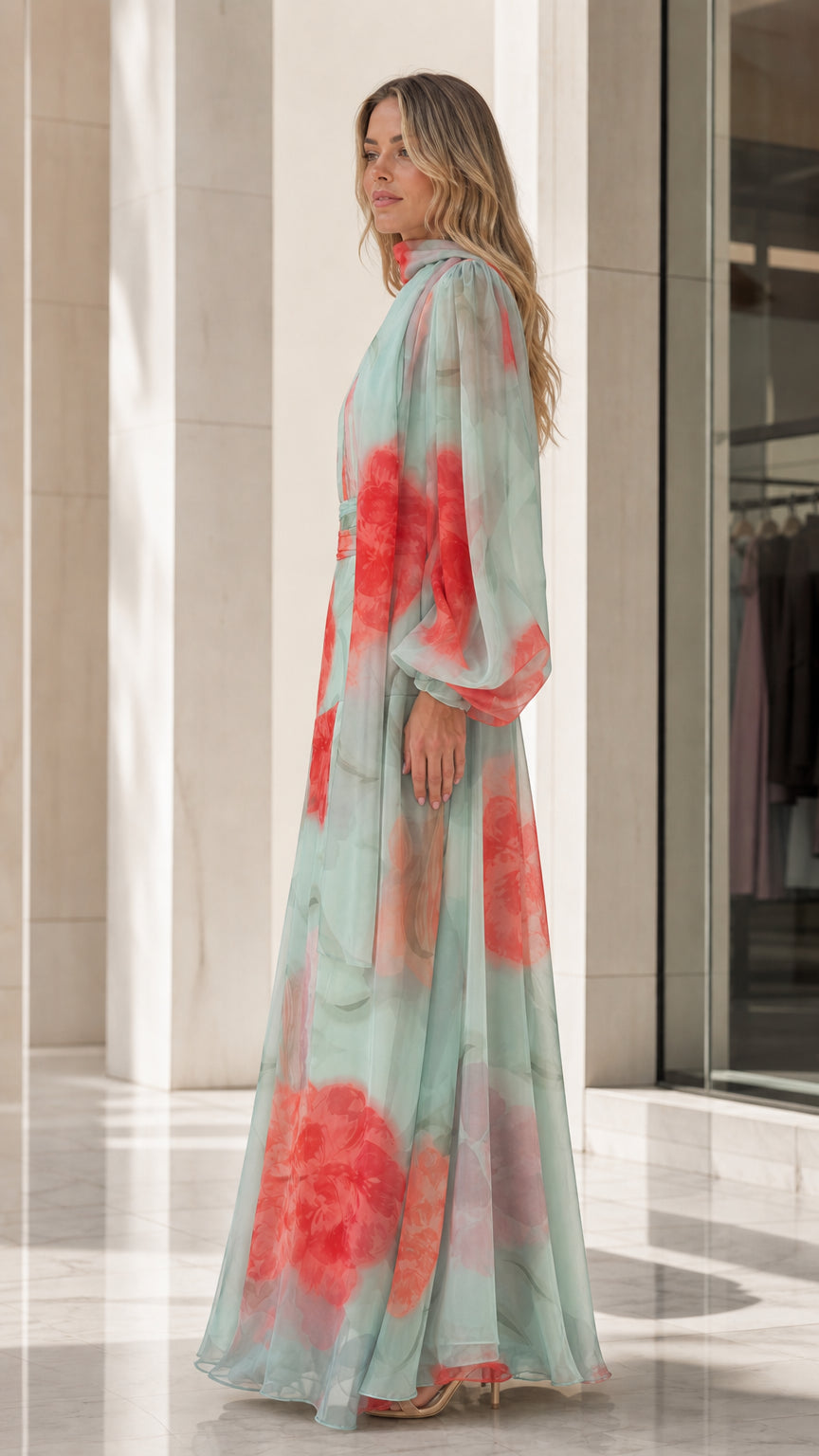 Side view of mint green floral chiffon maxi dress showing floor-length drape