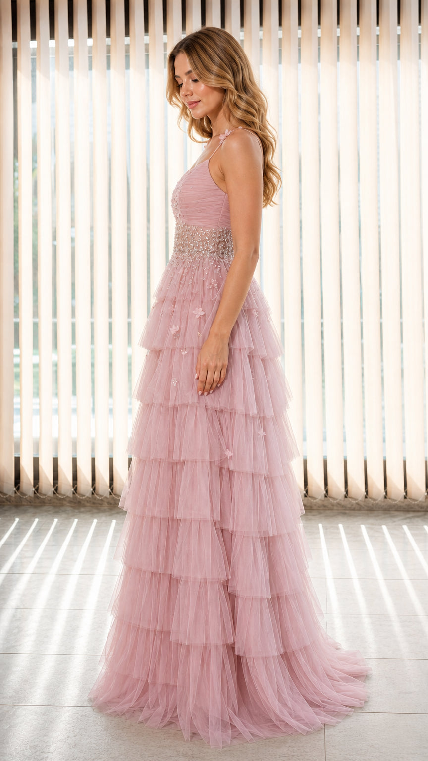 Side view of Dusty Pink tiered tulle A-line formal gown