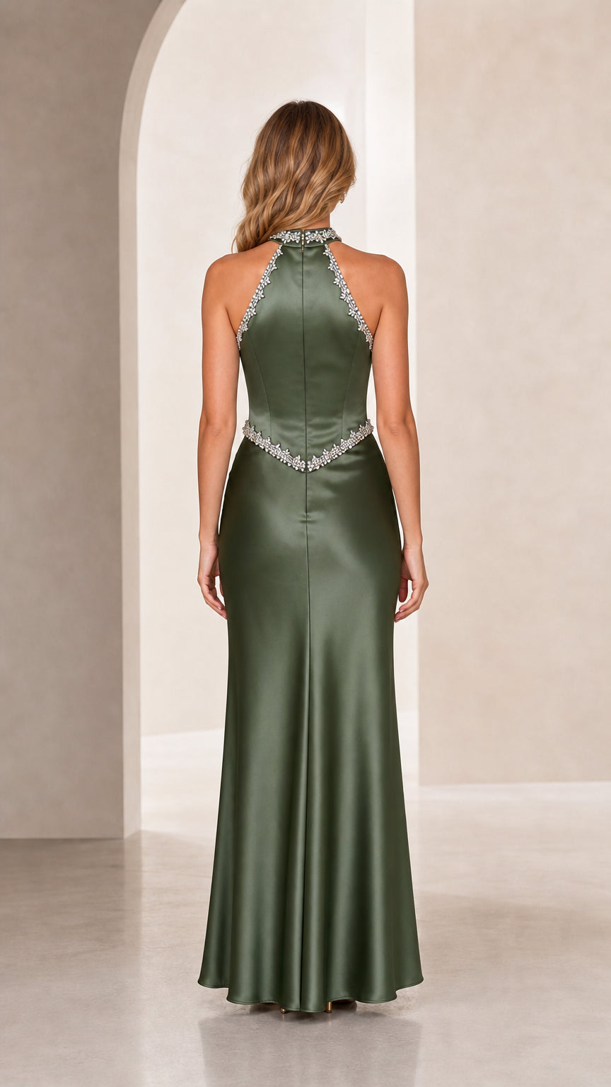 Back view of olive green satin halter maxi gown with open shoulders