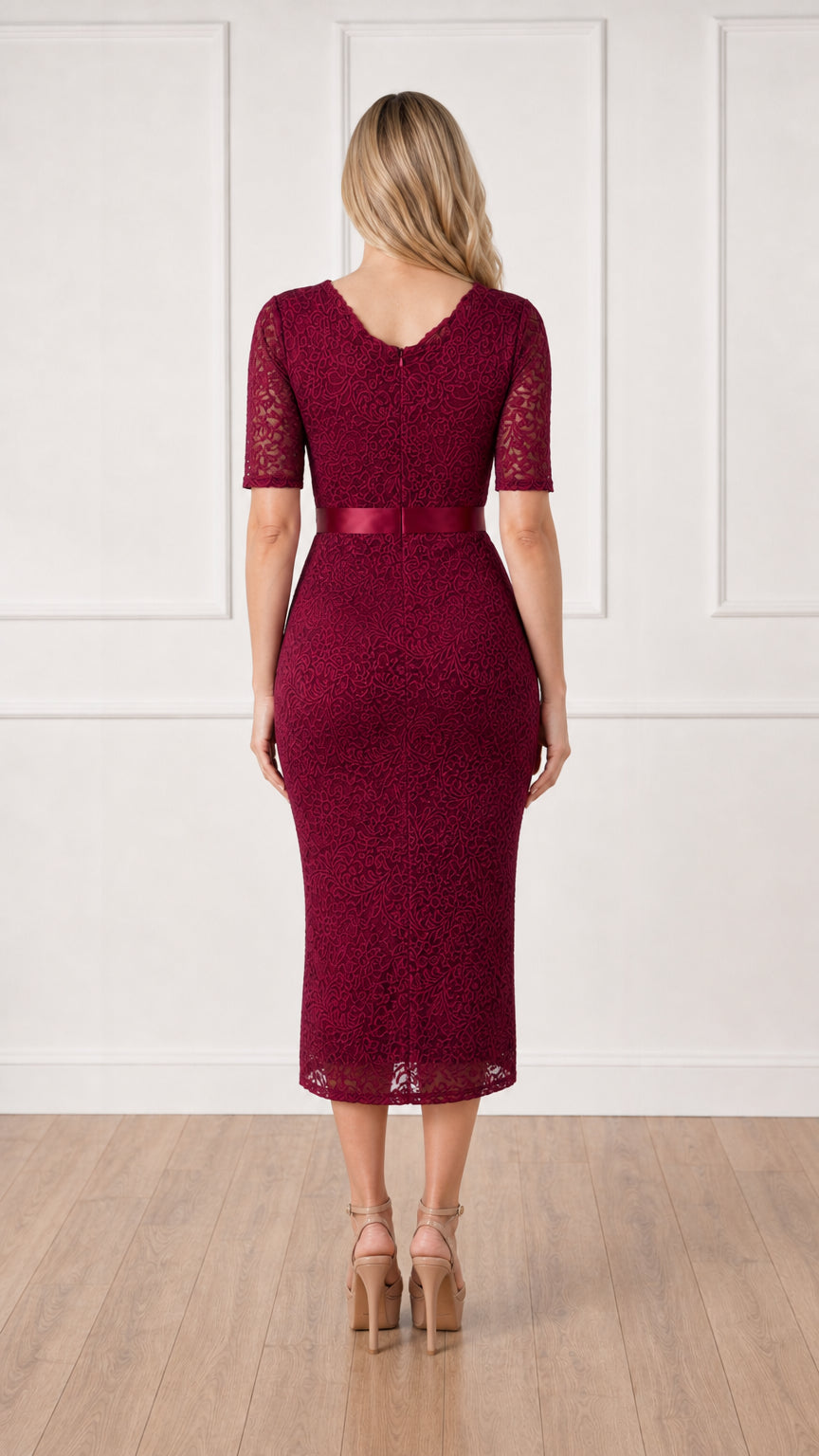 Back full view of burgundy lace midi dress
