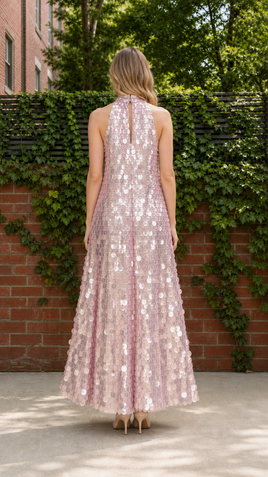 Back view of model in rose pink sequin paillette evening dress showing back neck detail