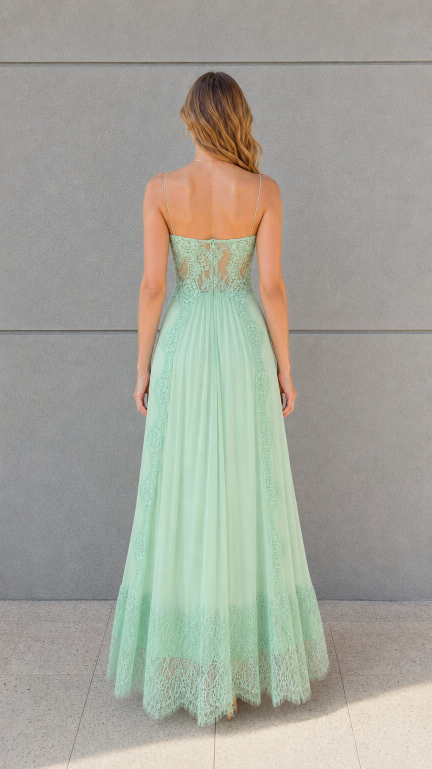 Back view of mint green strappy lace bodice pleated evening gown