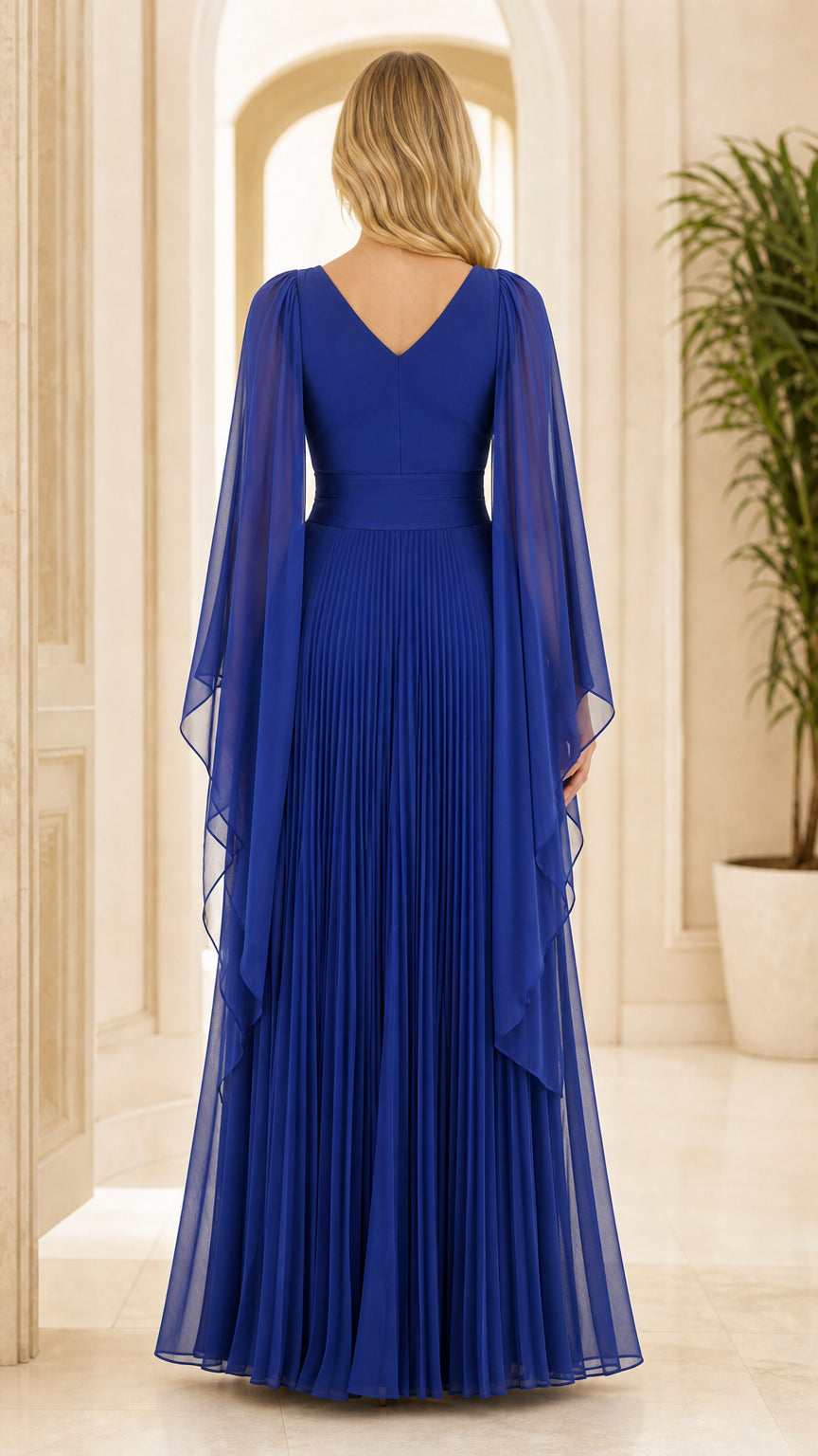 Back view of royal blue floor-length formal gown with V-back