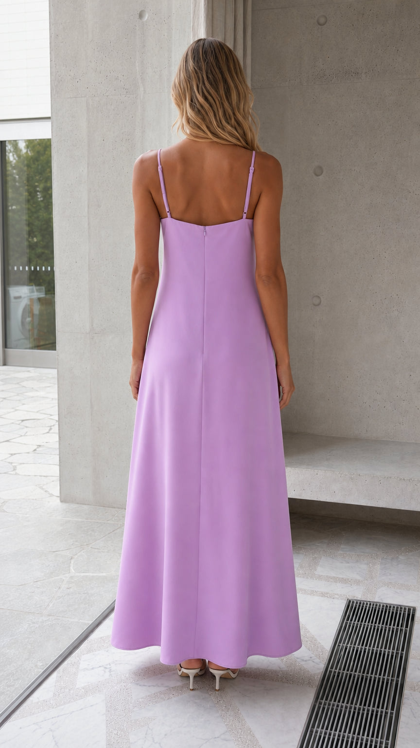 Back view of model in lavender A-line maxi dress