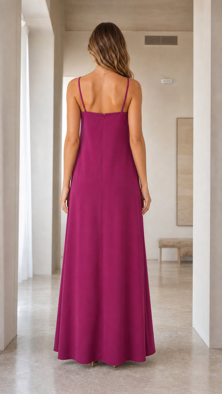 Back view of magenta floor-length cami dress