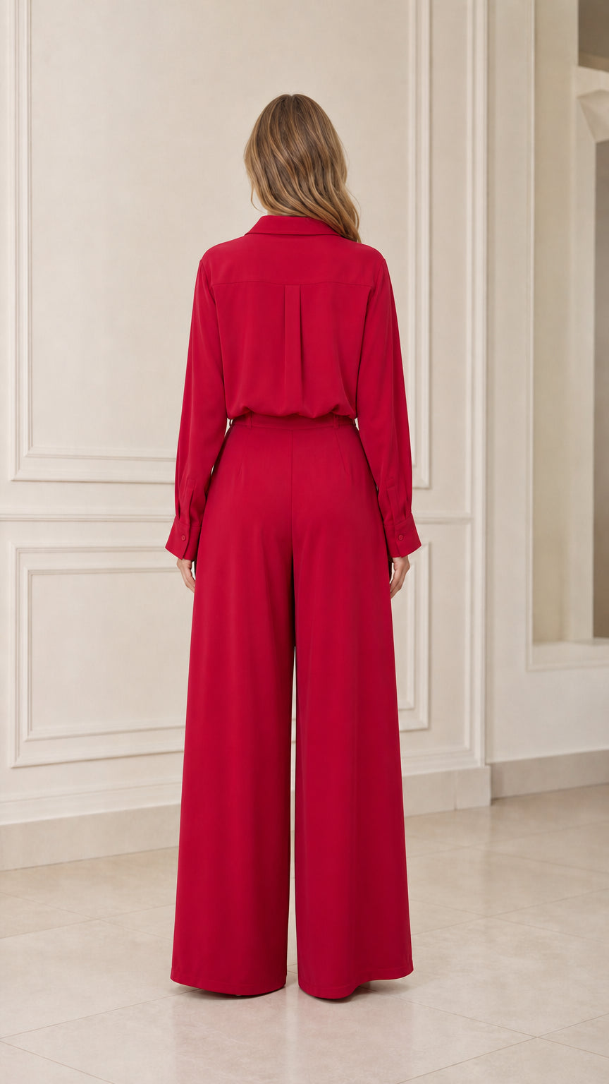 Back view of model wearing red pants and shirt set