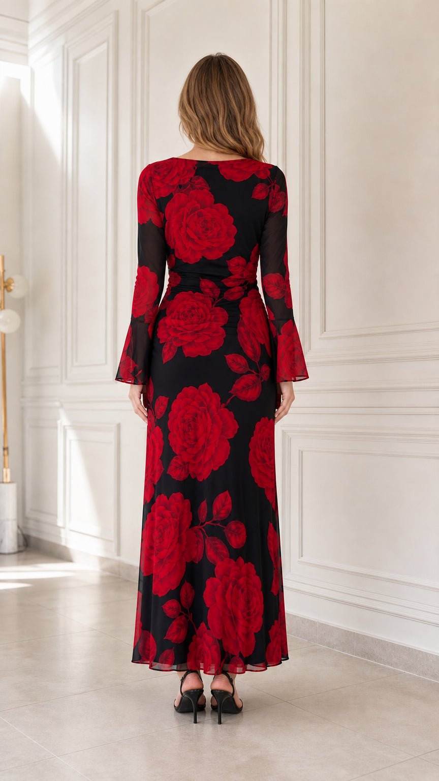 Back view of black floral print maxi dress