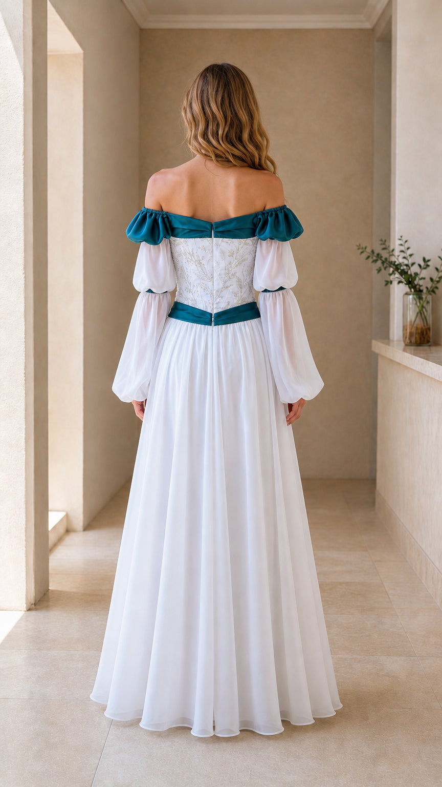 Back view of model wearing off-the-shoulder medieval maxi dress with satin band