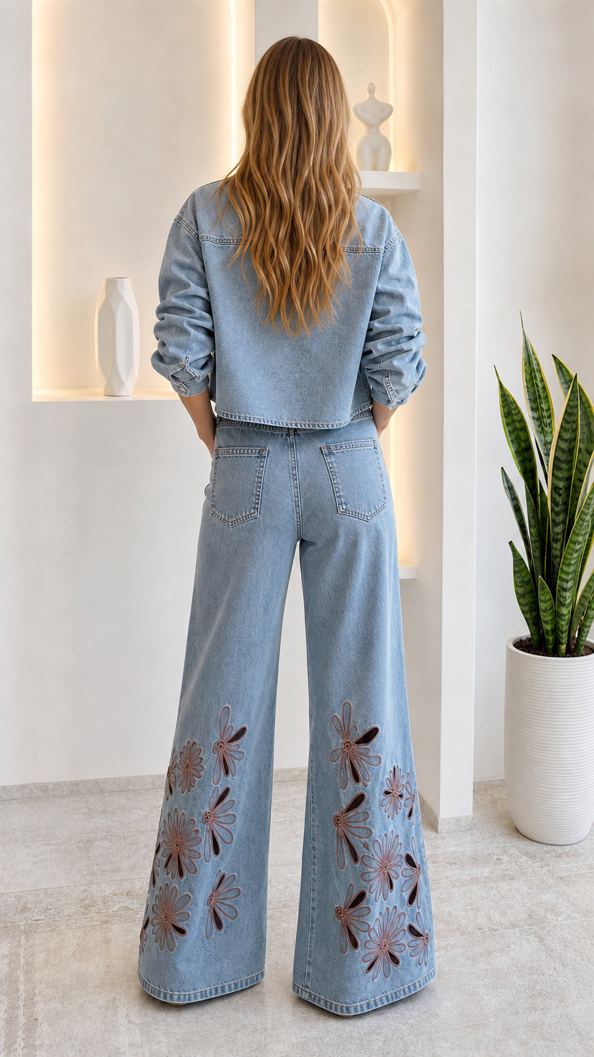 Back view of model wearing light blue denim shirt and wide-leg pants