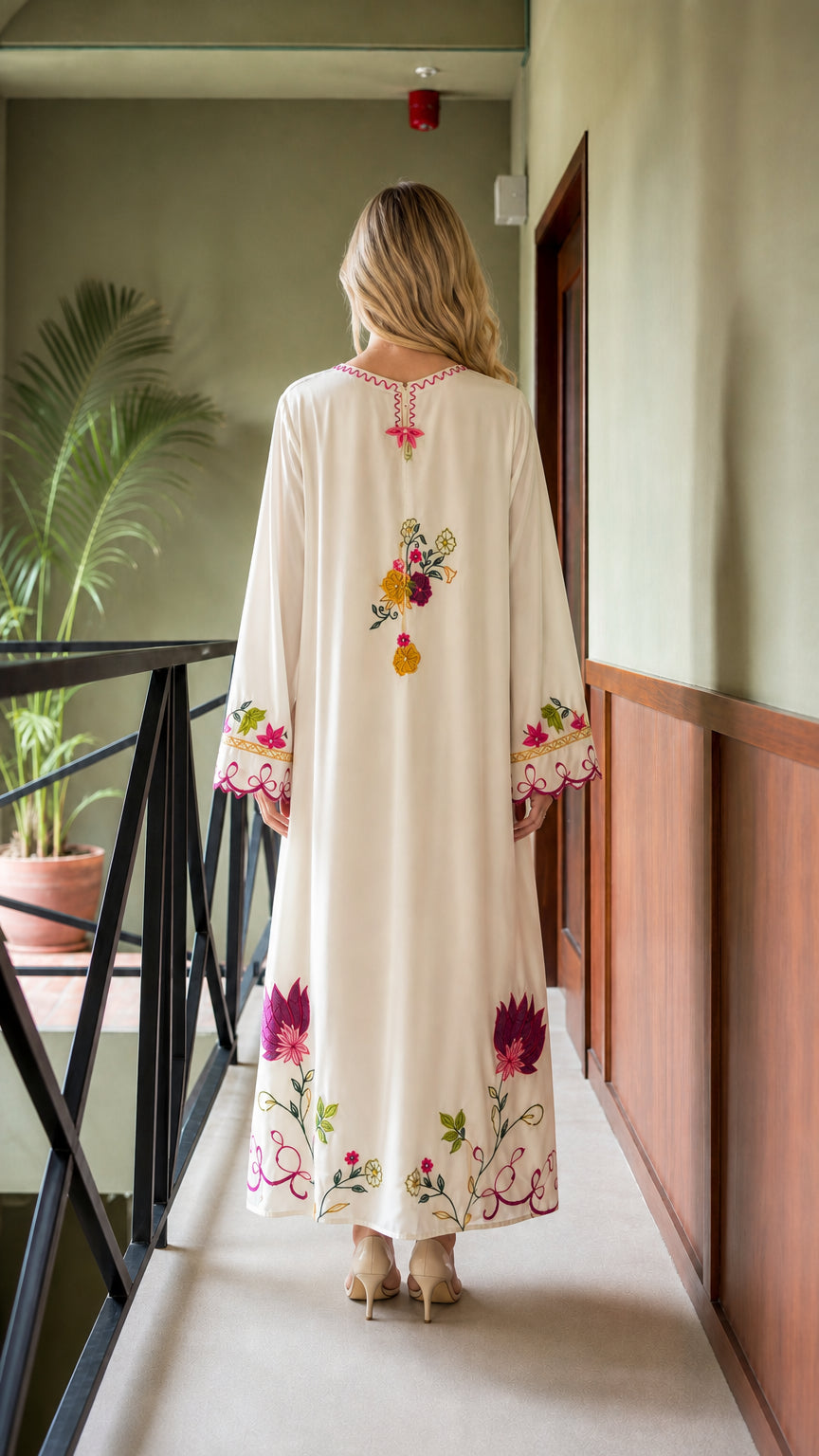 Model wearing Ivory floral embroidered maxi kaftan dress, back view