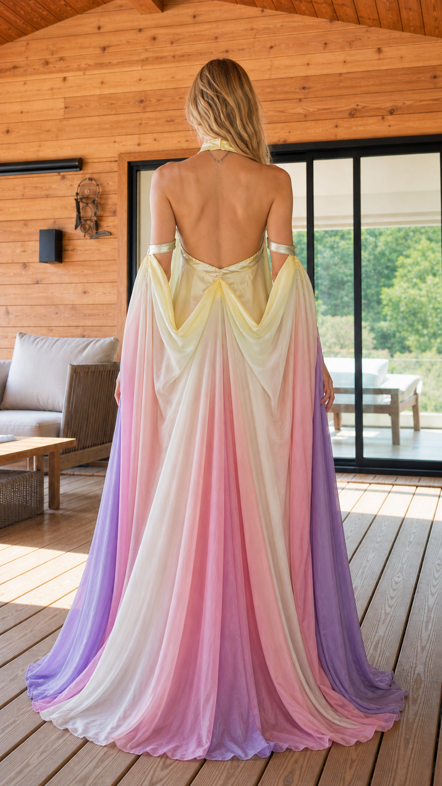 Back view of pastel ombre halter gown showing low open back and sweeping chiffon train