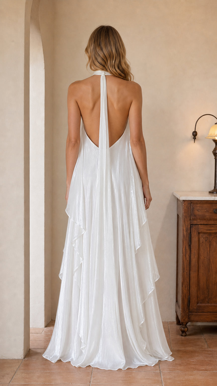 White backless halter evening maxi dress back view