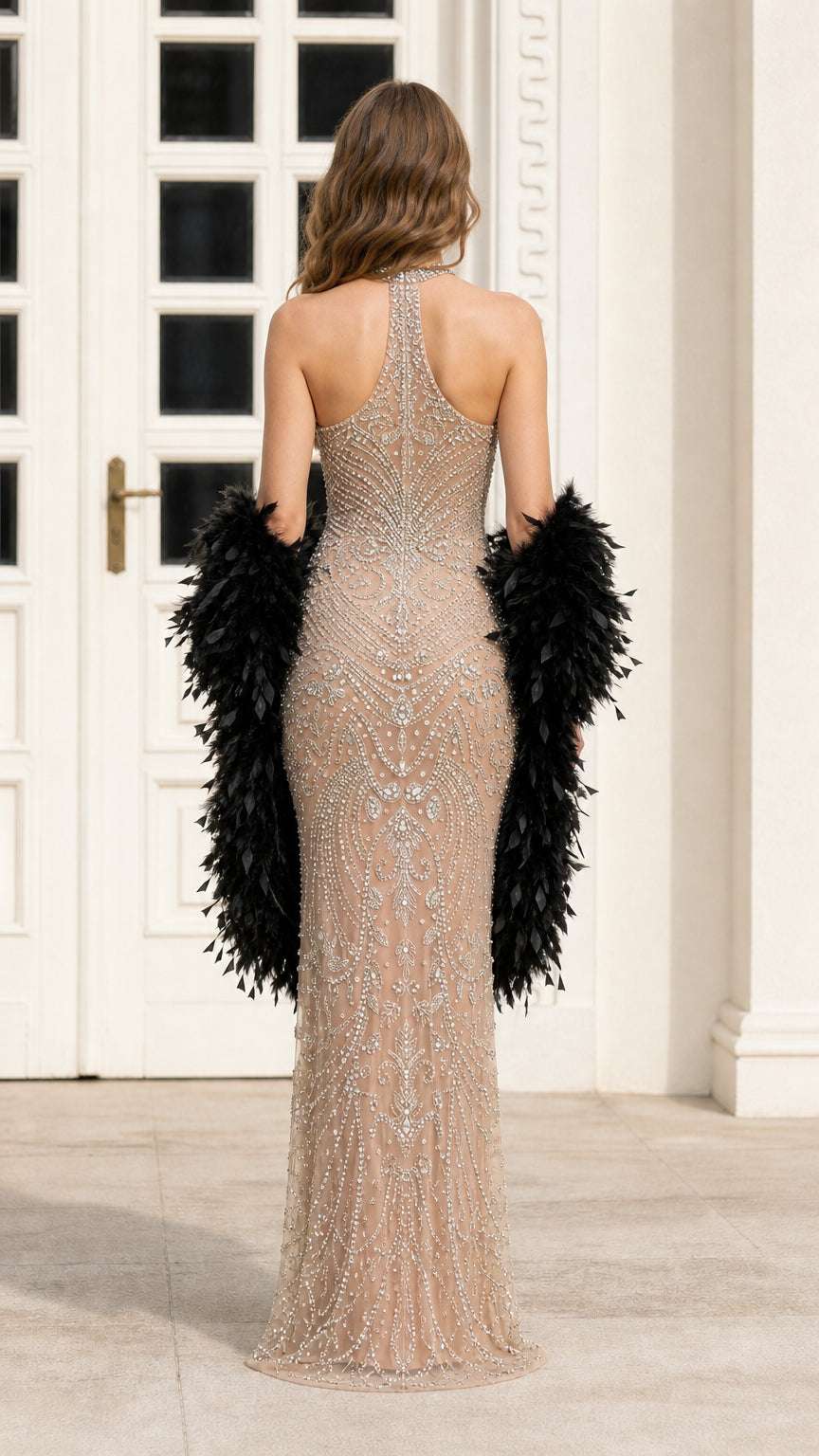 Back view of Champagne evening gown showing open back design
