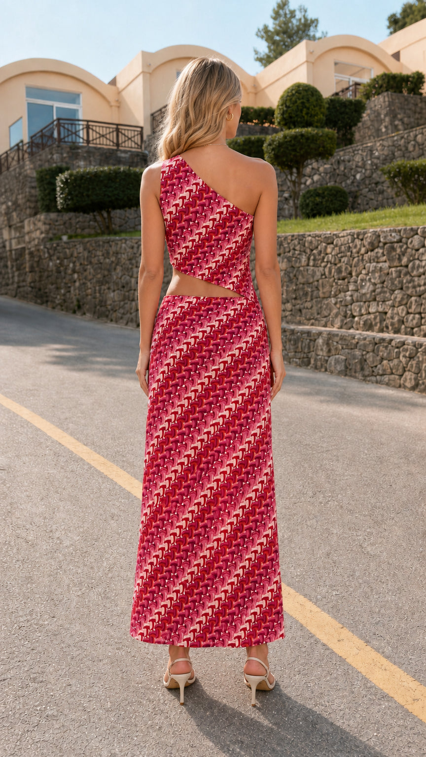 Back view of model wearing pink one-shoulder cutout printed dress