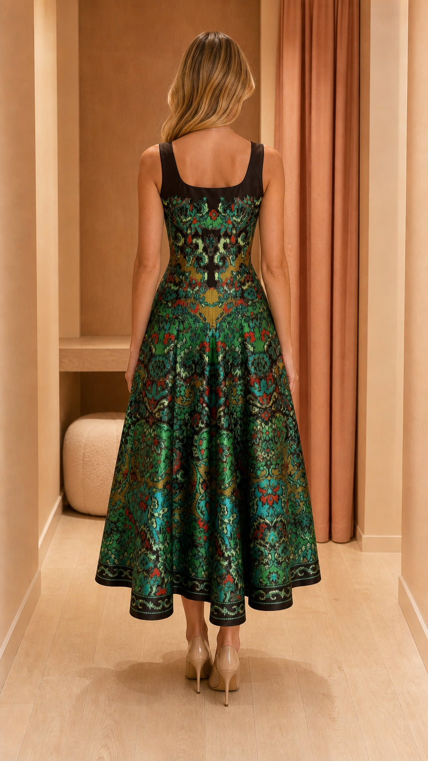 Back view of emerald green square neck jacquard flared midi dress