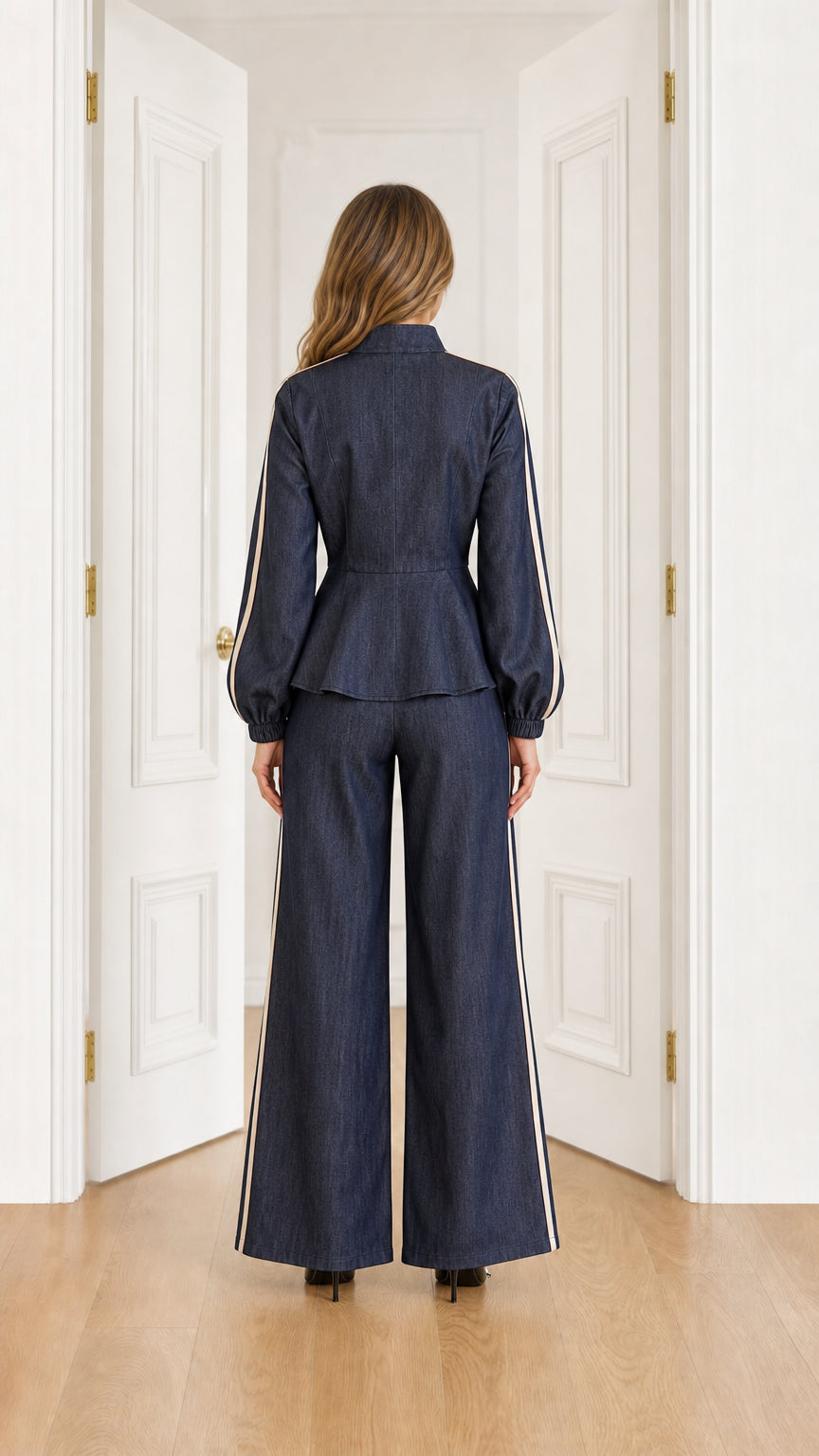 Back view of model wearing Navy Blue peplum top and wide-leg track pants set
