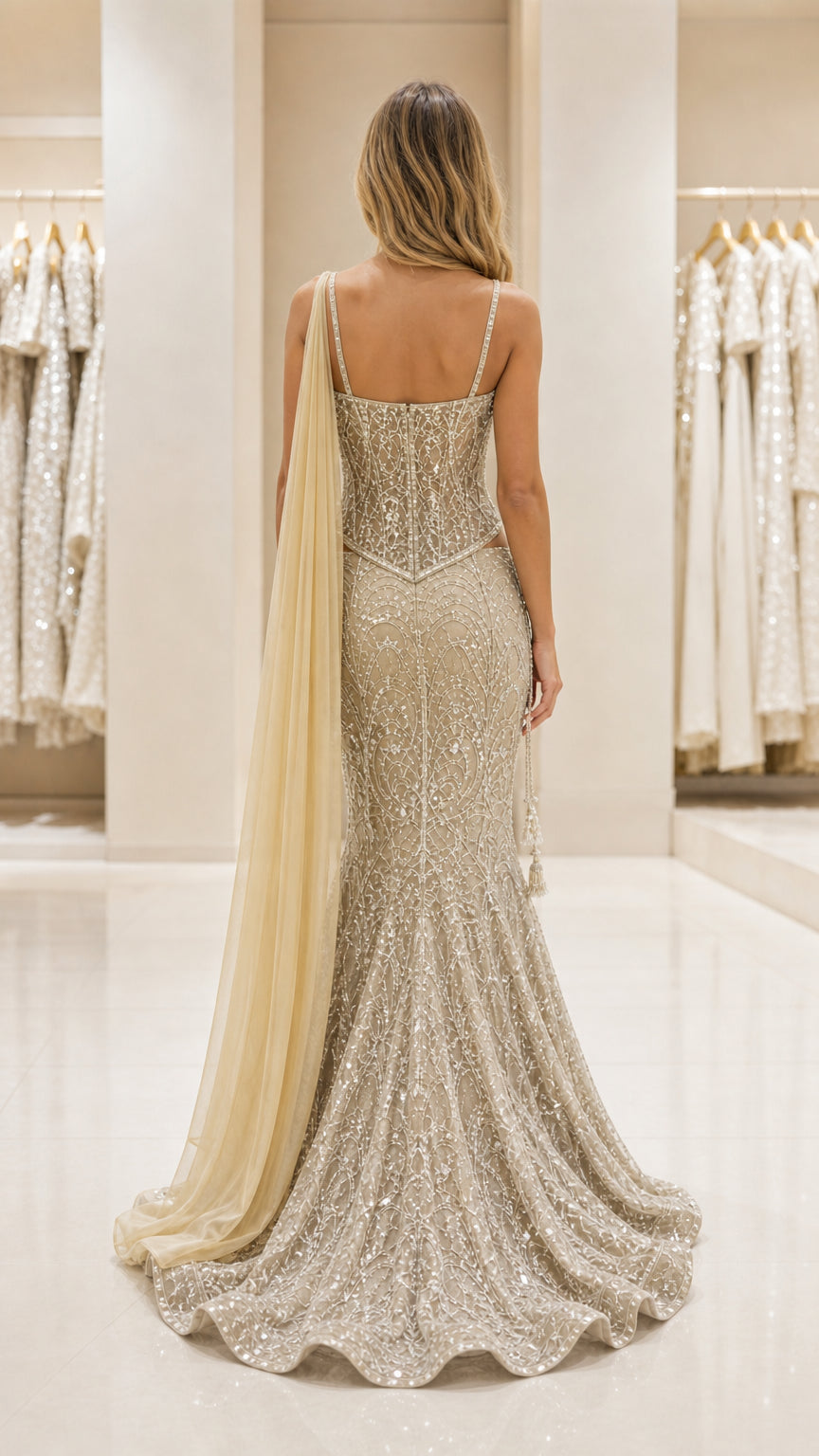 Back view of the champagne sequin gown detailing the structured back and cape