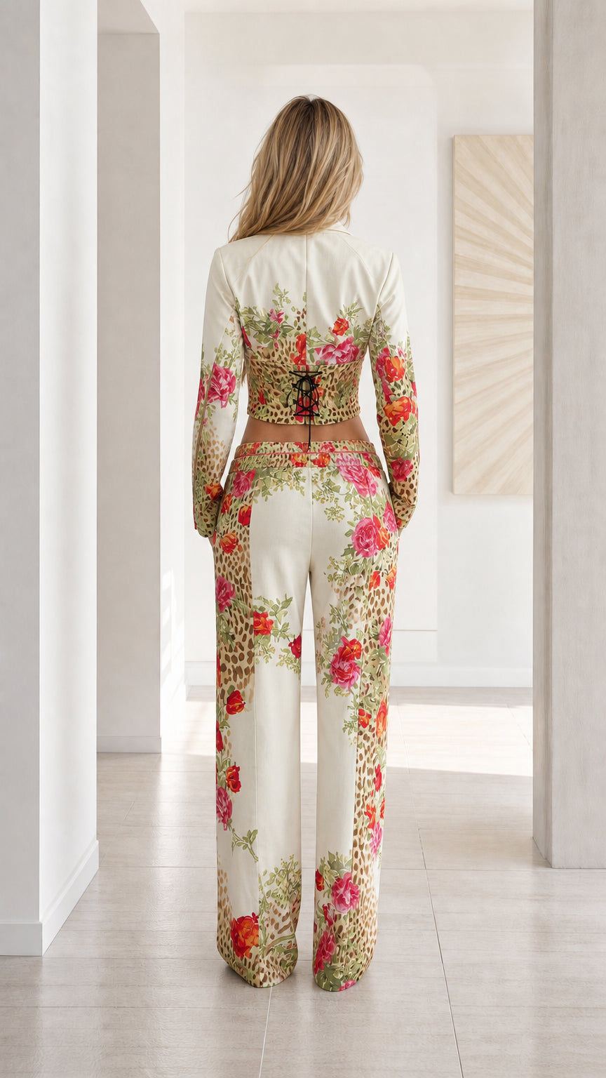 Back view of Cream floral leopard print two piece set