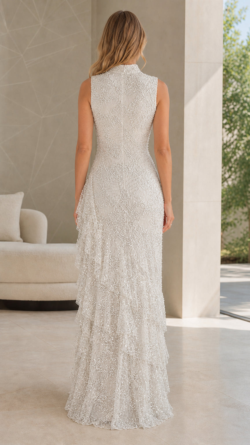 Back view of ivory sleeveless formal dress