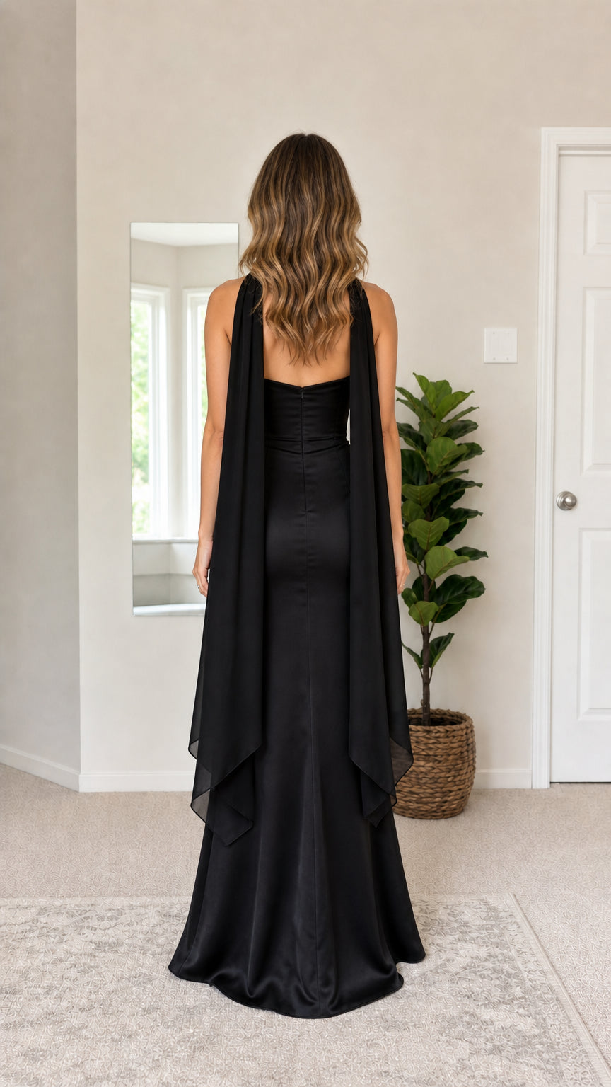 Back view of black strapless satin maxi dress showing cape-like scarf drape