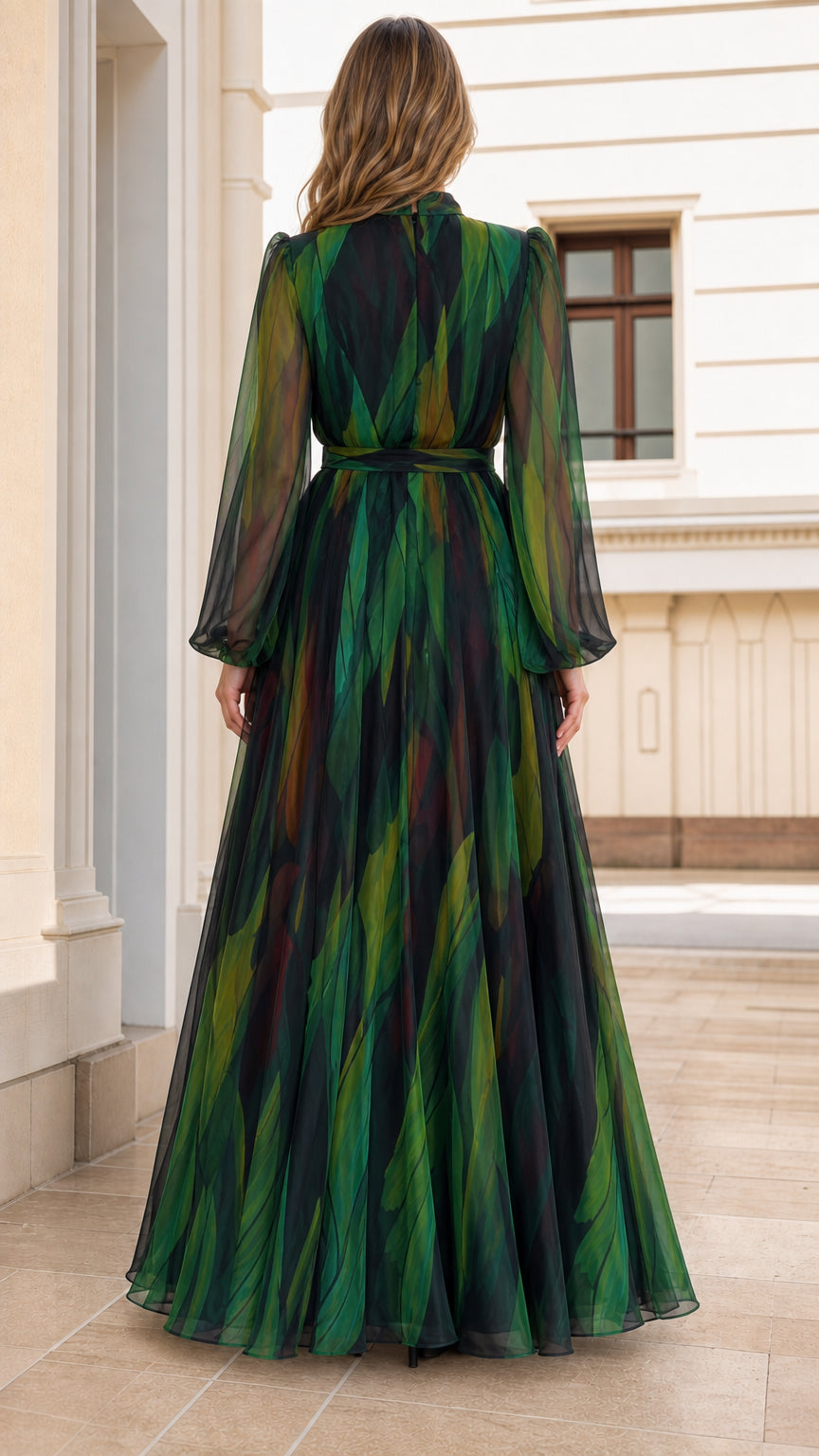 Back view of woman in green chiffon maxi dress