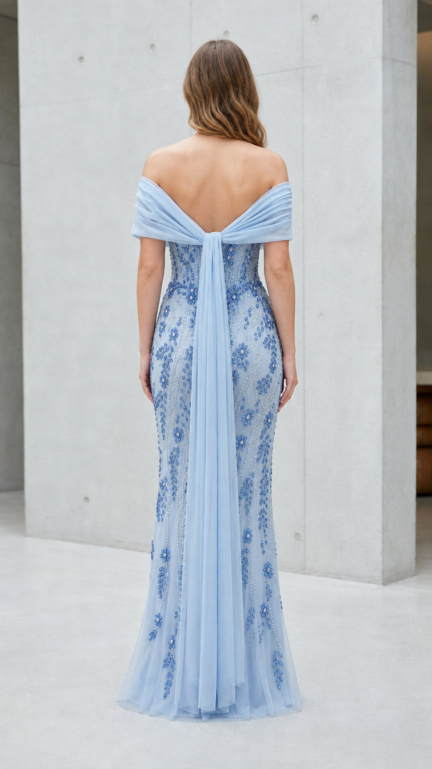 Back view of Light Blue Evening Gown with draped train