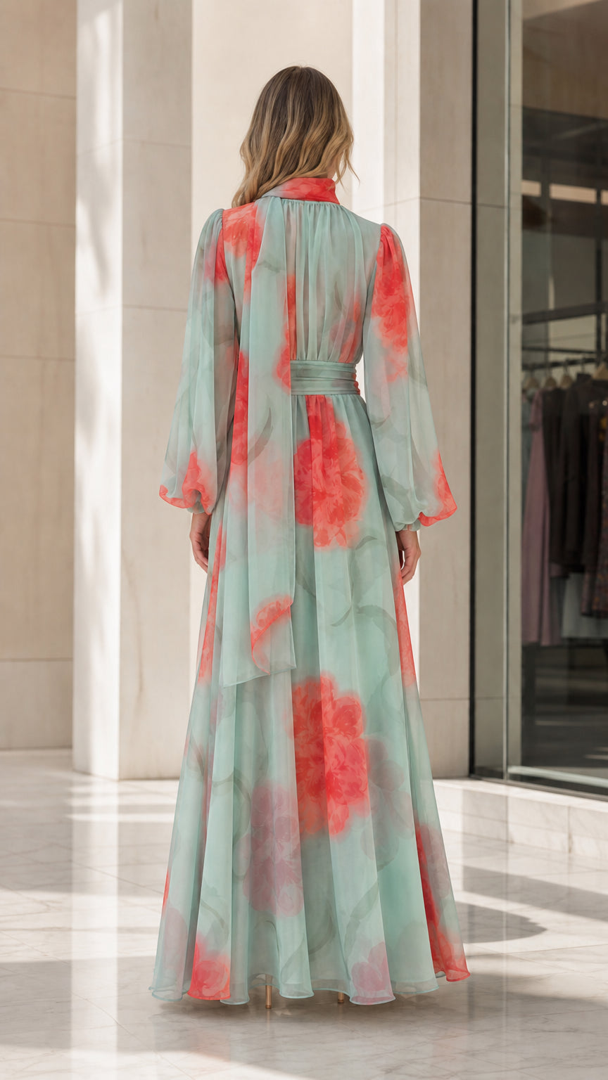 Back view of mint green floral maxi gown showcasing flowing neck tie drape